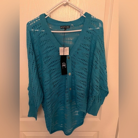 Dolce Cabo Sweaters - Dolce Cabo Blue Cardigan with Open Knit Design